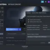 Instalacja gry Counter-Strike: Global Offensive na Steam. Okno pokazuje, jak przenieść gry Steam, wybierając lokalizację instalacji i tworząc skróty.