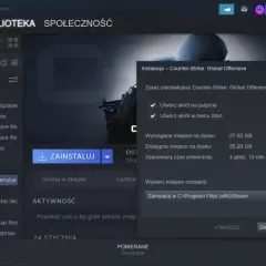Instalacja gry Counter-Strike: Global Offensive na Steam. Okno pokazuje, jak przenieść gry Steam, wybierając lokalizację instalacji i tworząc skróty.
