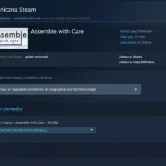 Ekran pomocy technicznej Steam, pokazujący opcję jak zwrócić grę Steam "Assemble with Care" zakupioną 12 marca.