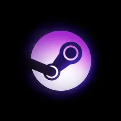 Logo Steam w fioletowo-białej poświacie. Czasem steam nie widzi gry, ale logo zawsze świeci.