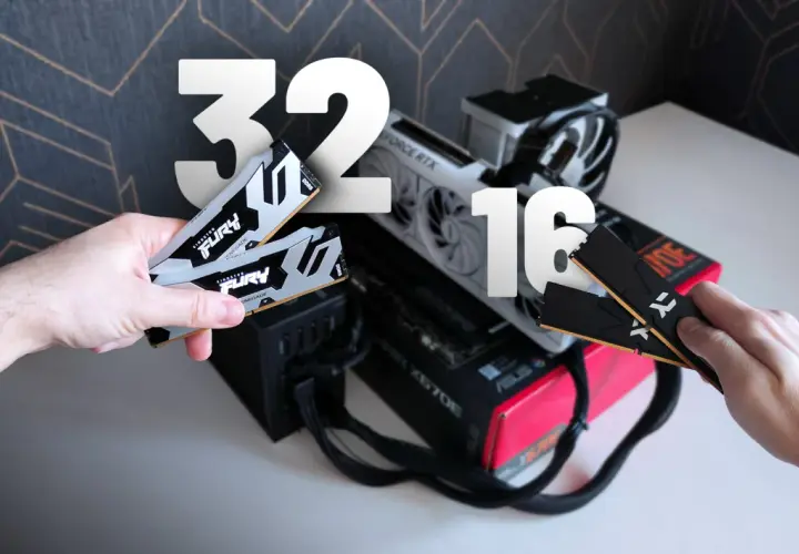 Dwie ręce trzymają kości RAM, obok części komputera. Czy 16GB RAM wystarczy do gier w obecnych czasach?