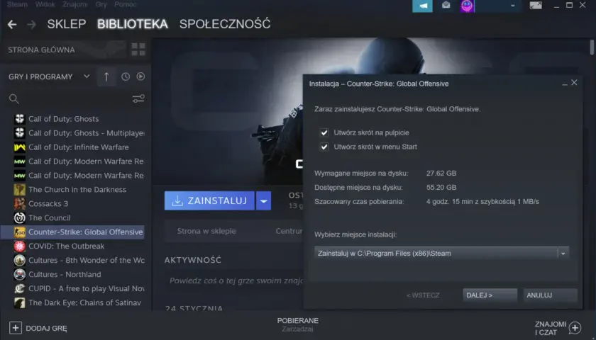 Instalacja gry Counter-Strike: Global Offensive na Steam. Okno pokazuje, jak przenieść gry Steam, wybierając lokalizację instalacji i tworząc skróty.