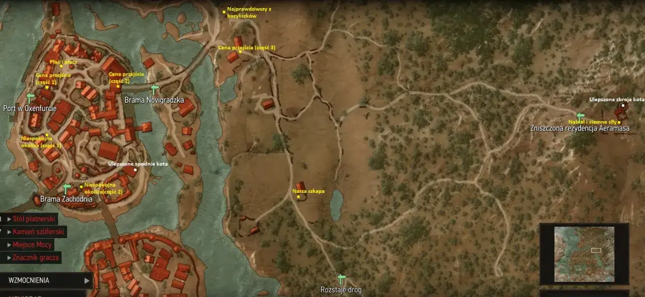 Mapa Oxenfurtu i okolic z oznaczonymi lokalizacjami ulepszonych schemat&oacute;w rynsztunku Szkoły Kota Wiedźmin 3