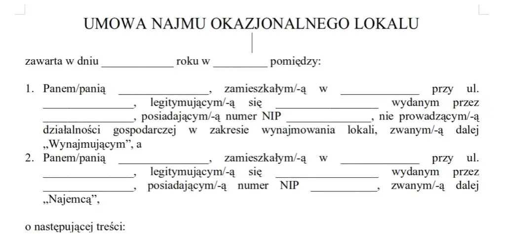 Zdjęcie Wzór umowy najmu okazjonalnego: kompletny szablon z instrukcjami