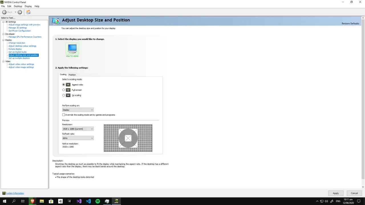 NVIDIA Control Panel adjust desktop size and position