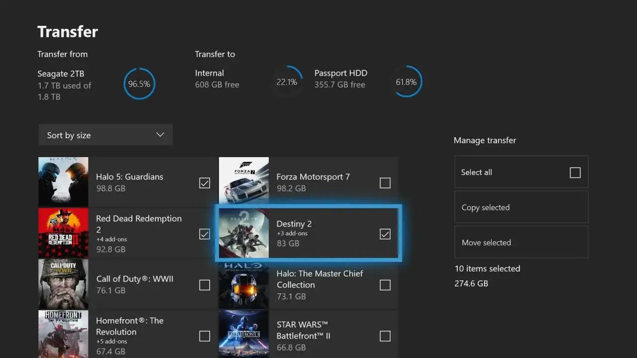 Xbox One transfer games to external hard drive menu